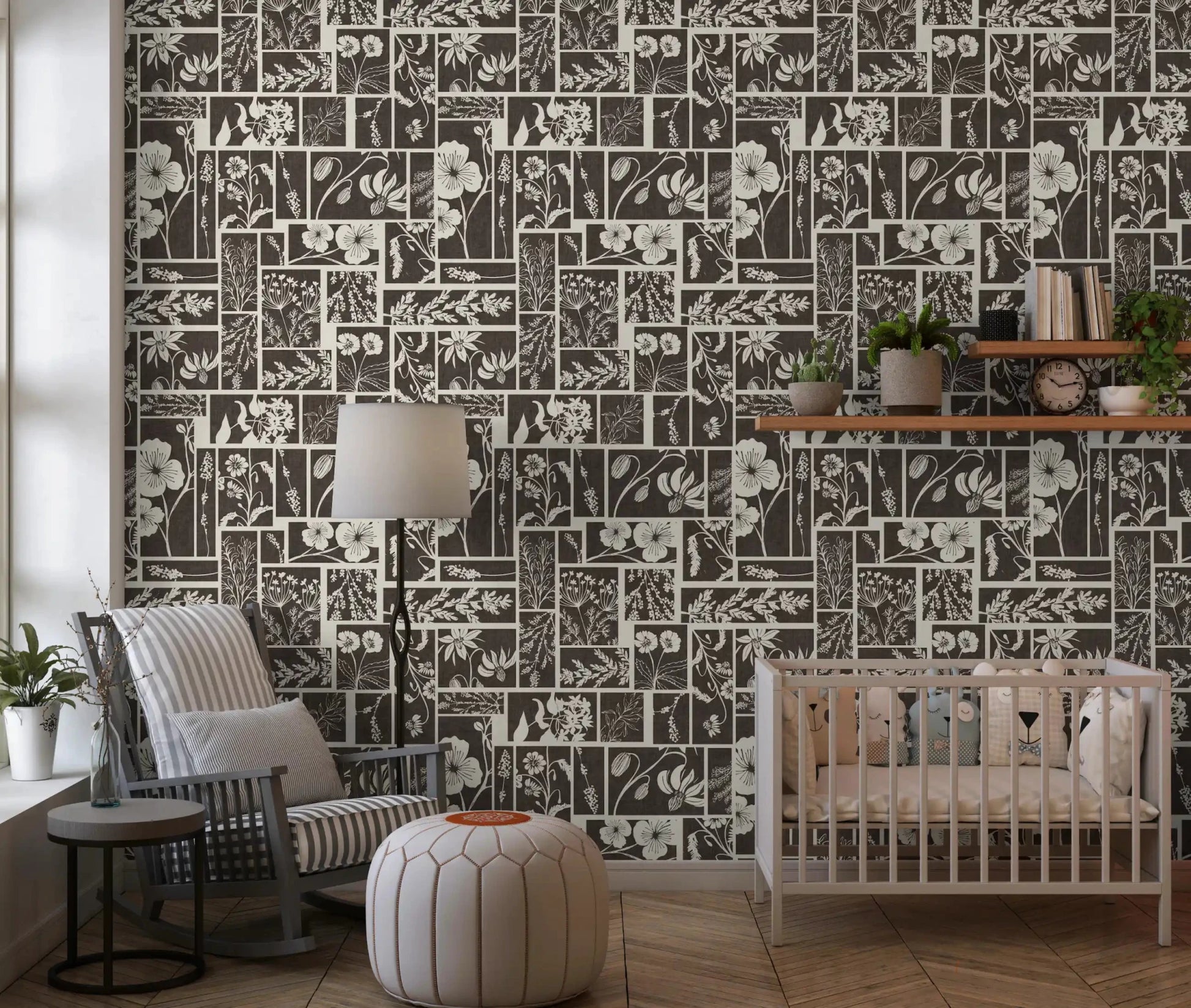 Kids room with Botanical Block Print Wallpaper and dark neutral tones, GD9040