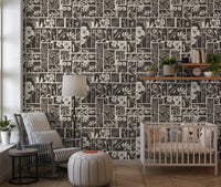 Kids room with Botanical Block Print Wallpaper and dark neutral tones, GD9040