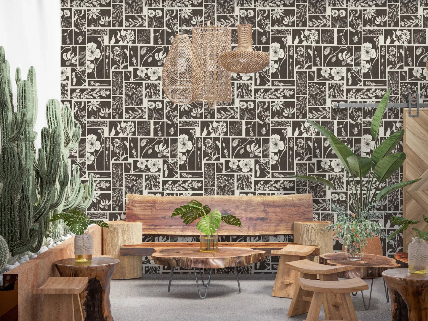 Framed botanical sections shape the Botanical Block Print Wallpaper, GD9040