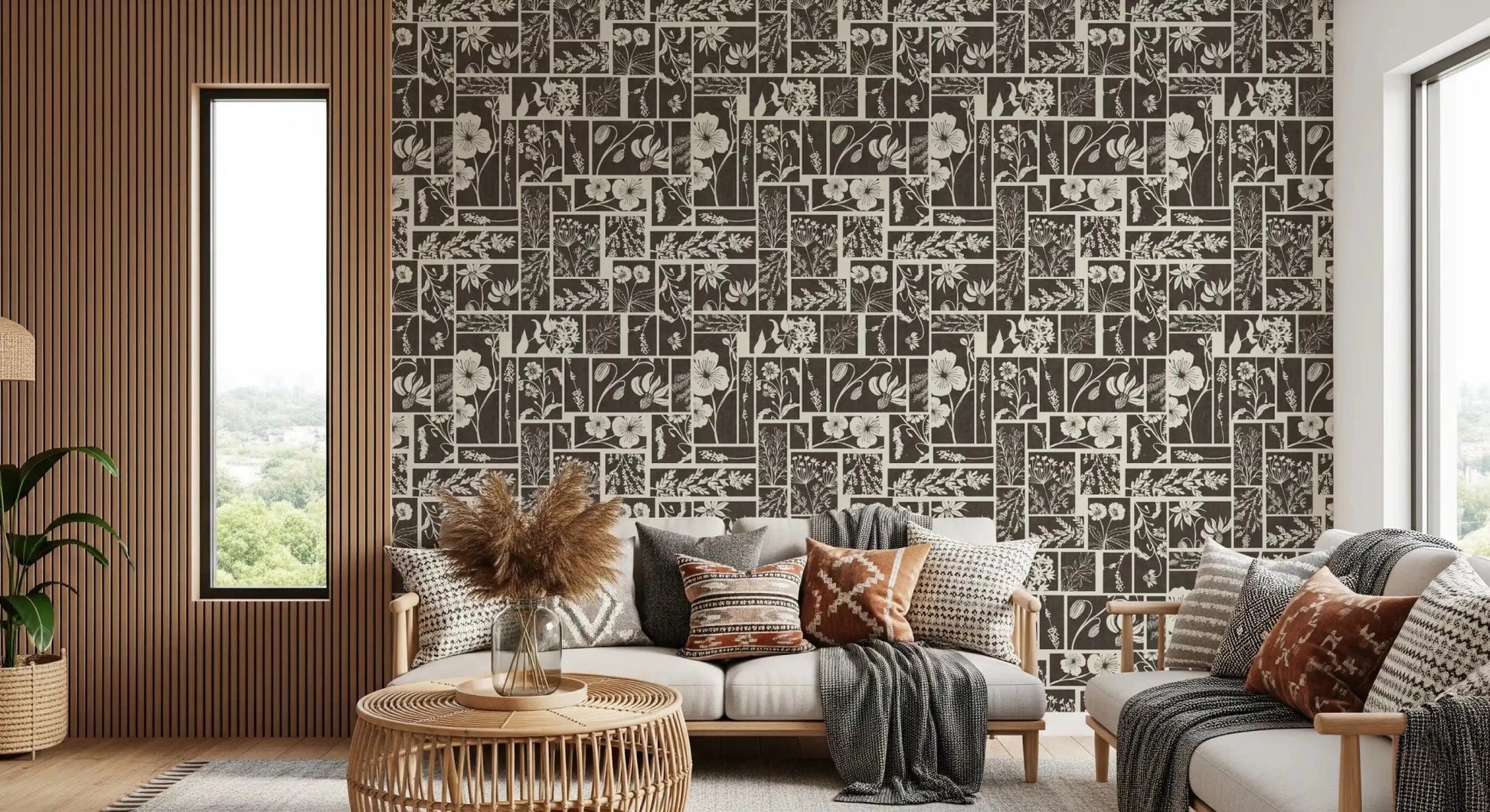 Living room with Botanical Block Print Wallpaper and floral panels, GD9040