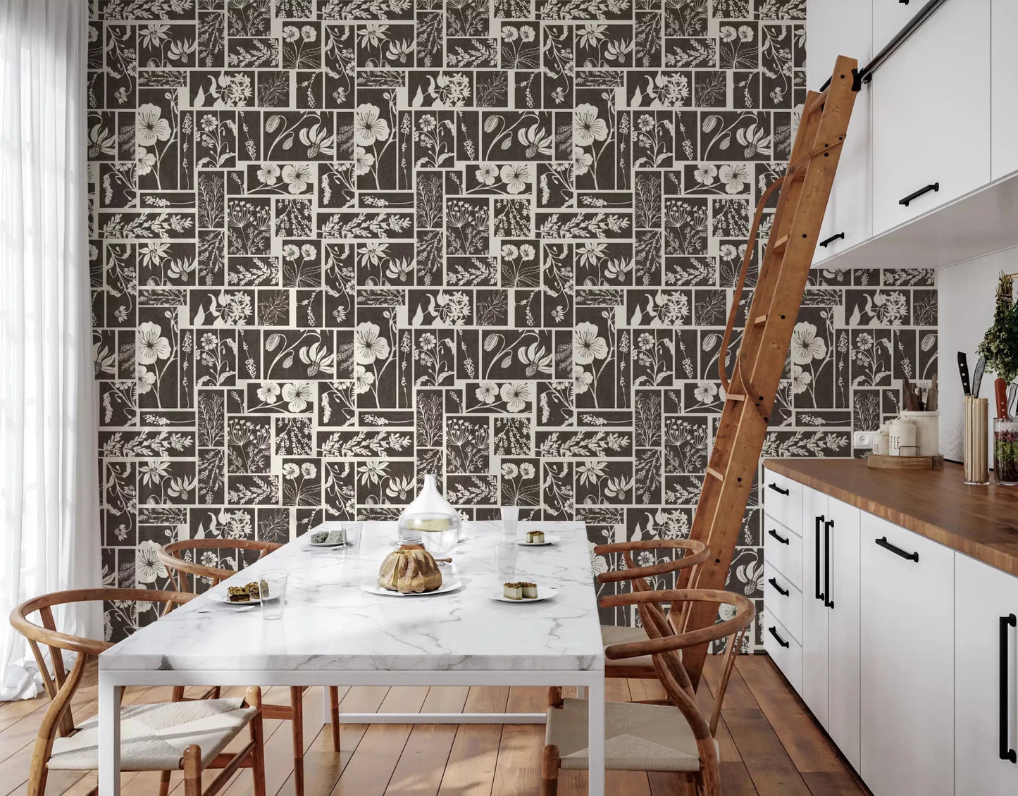 Kitchen featuring Botanical Block Print Wallpaper in framed floral blocks, GD9040