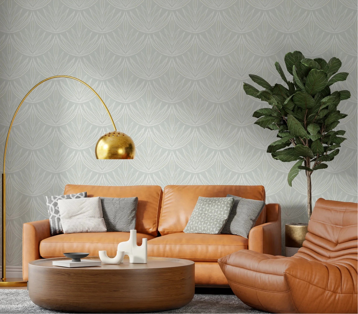 Living room scene with Botanical Breeze Wallpaper behind a tan leather sofa setup, GD8330