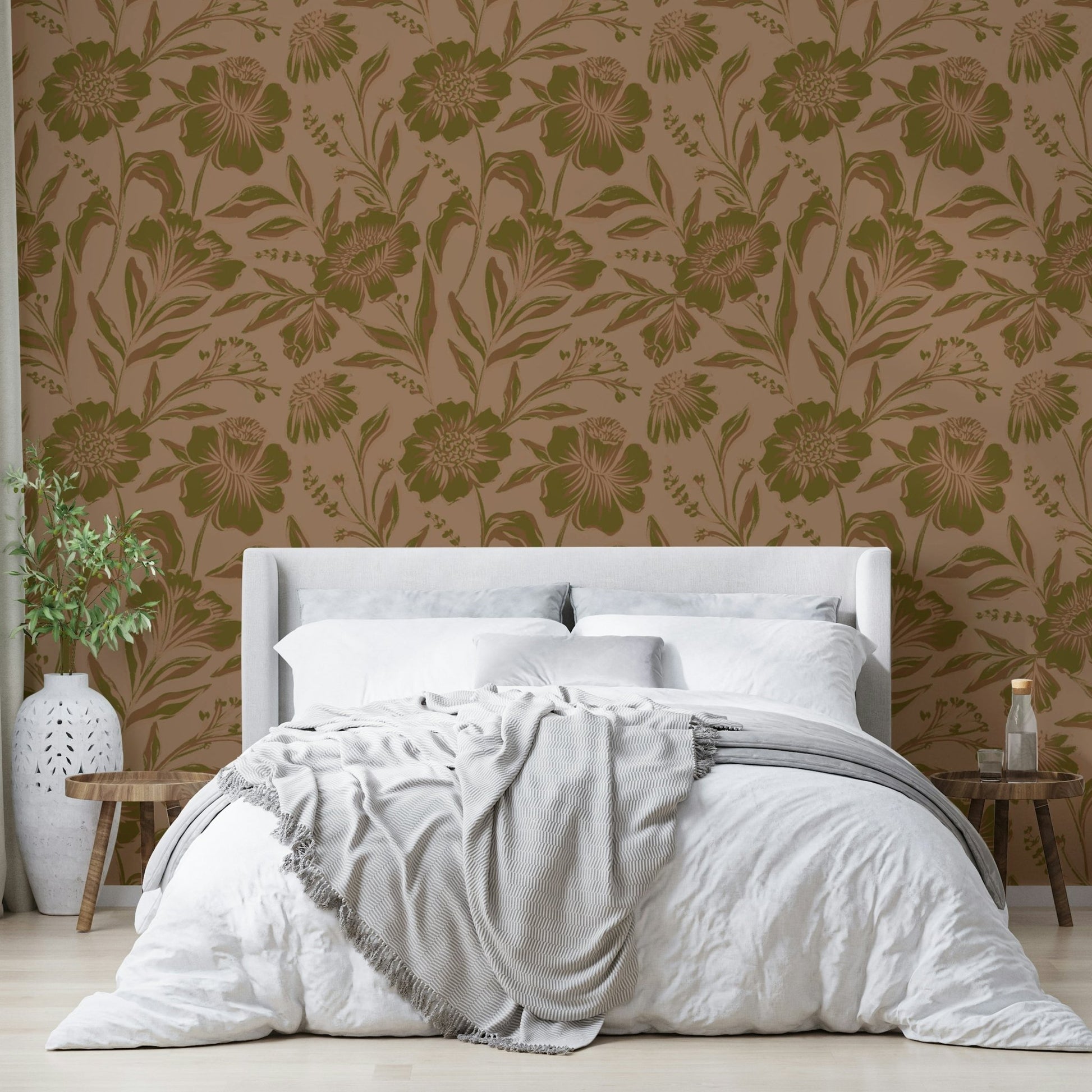 The image features various stylized plants and leaves.
