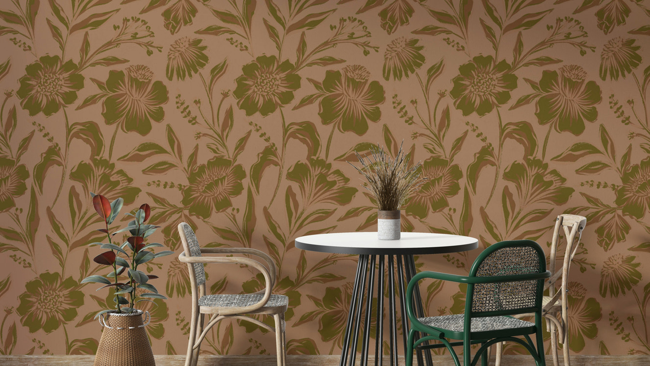 A full-wall mural showing a botanical pattern.
