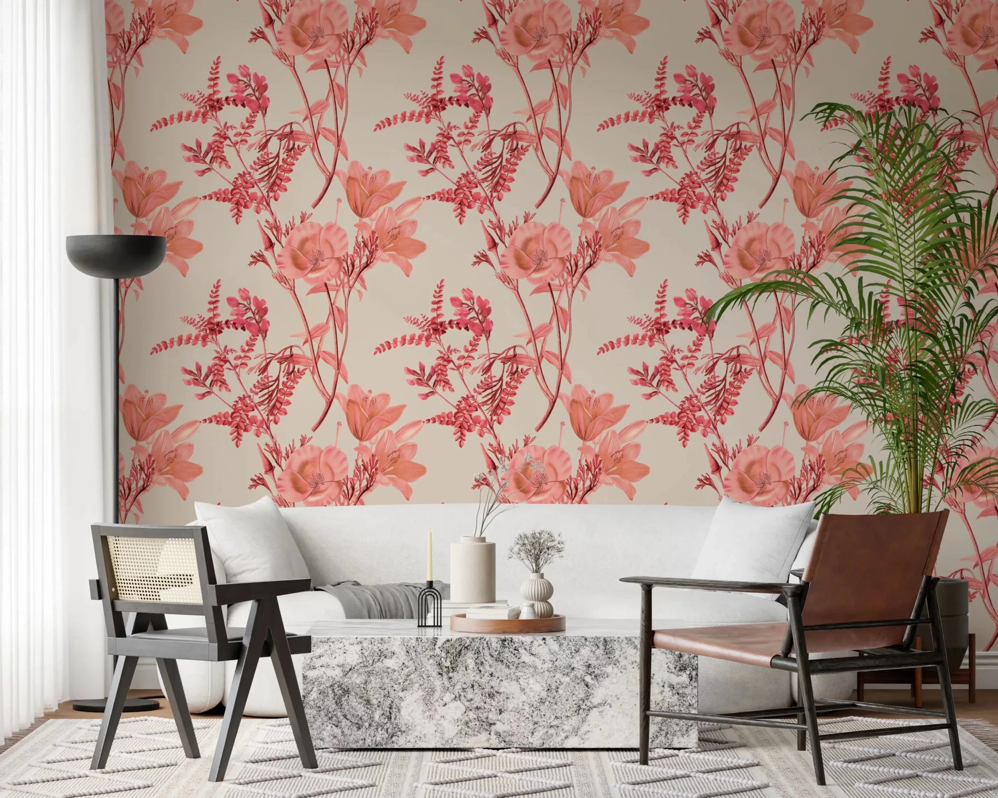 Coral blossoms across Coral Bloom Wallpaper with leafy stems