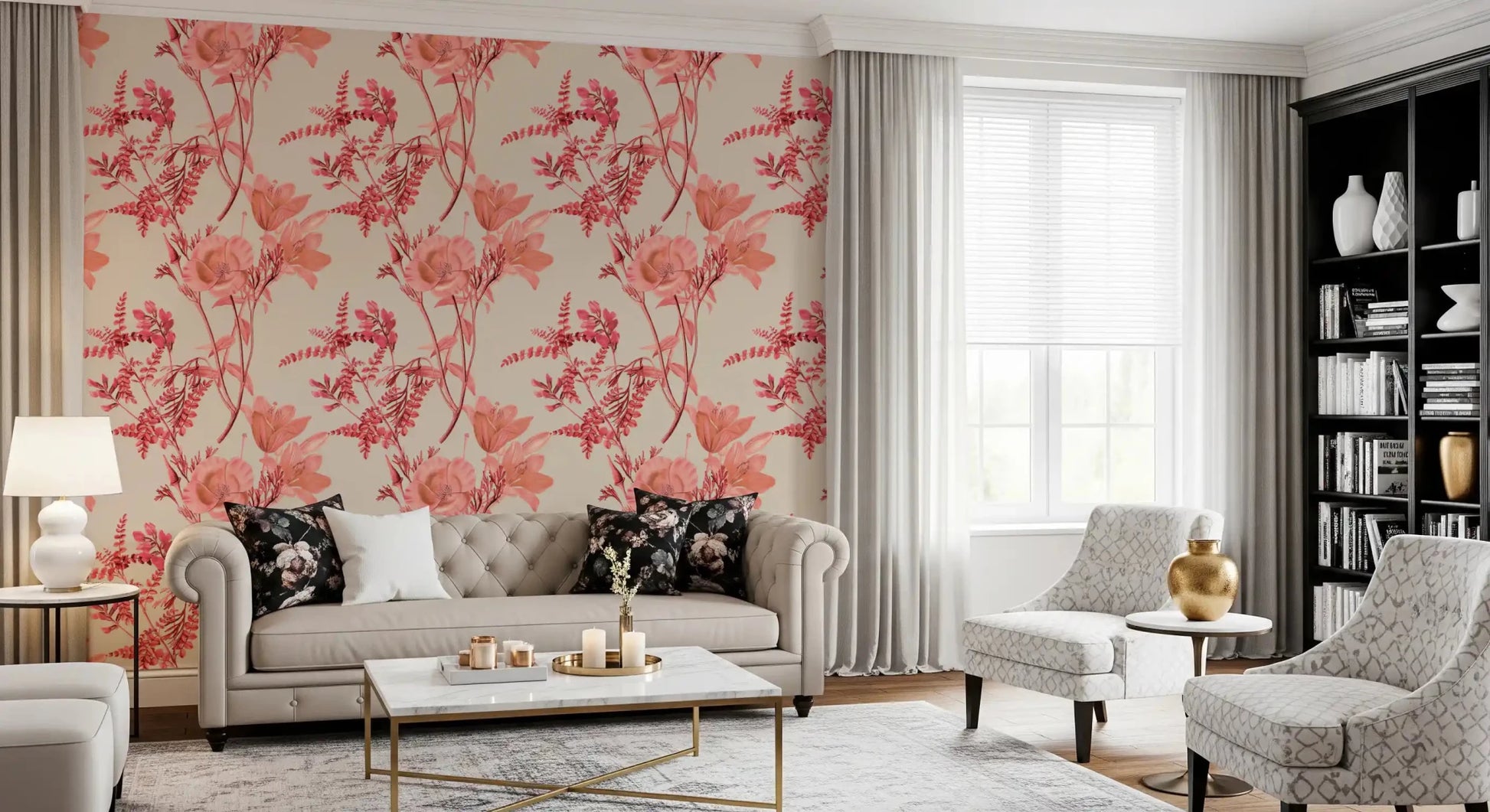 Living room with Botanical Coral Bloom Wallpaper in soft floral tones