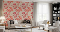 Living room with Botanical Coral Bloom Wallpaper in soft floral tones