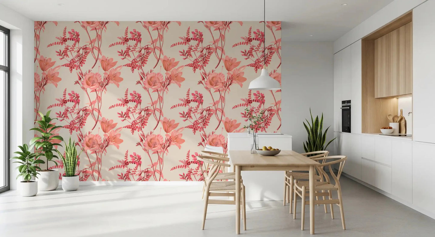 Kitchen wall with Botanical Coral Bloom Wallpaper and branch detail