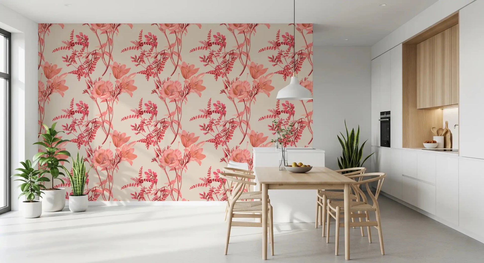 Kitchen wall with Botanical Coral Bloom Wallpaper and branch detail