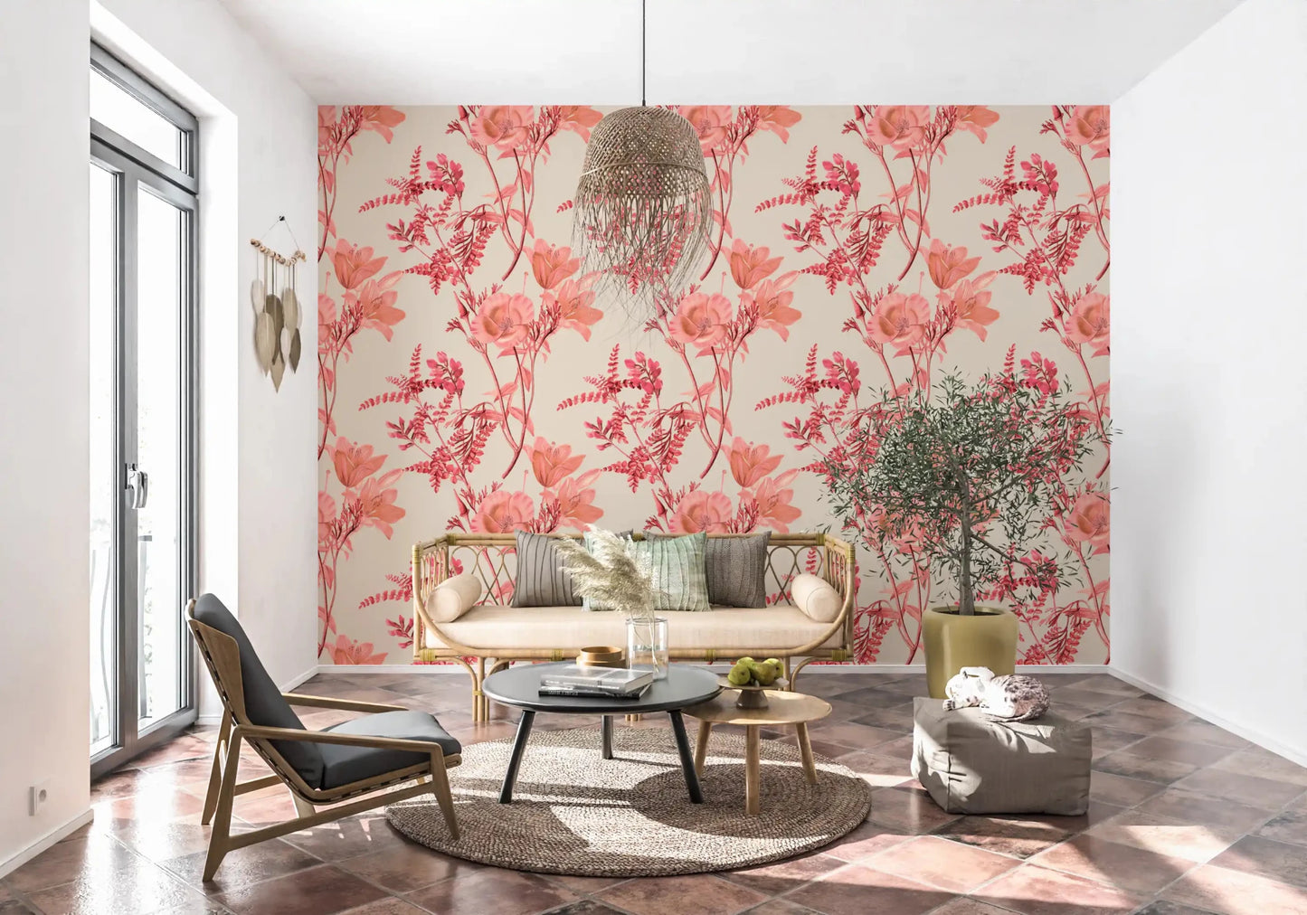 Office corner using Coral Bloom Wallpaper with pale floral sketch