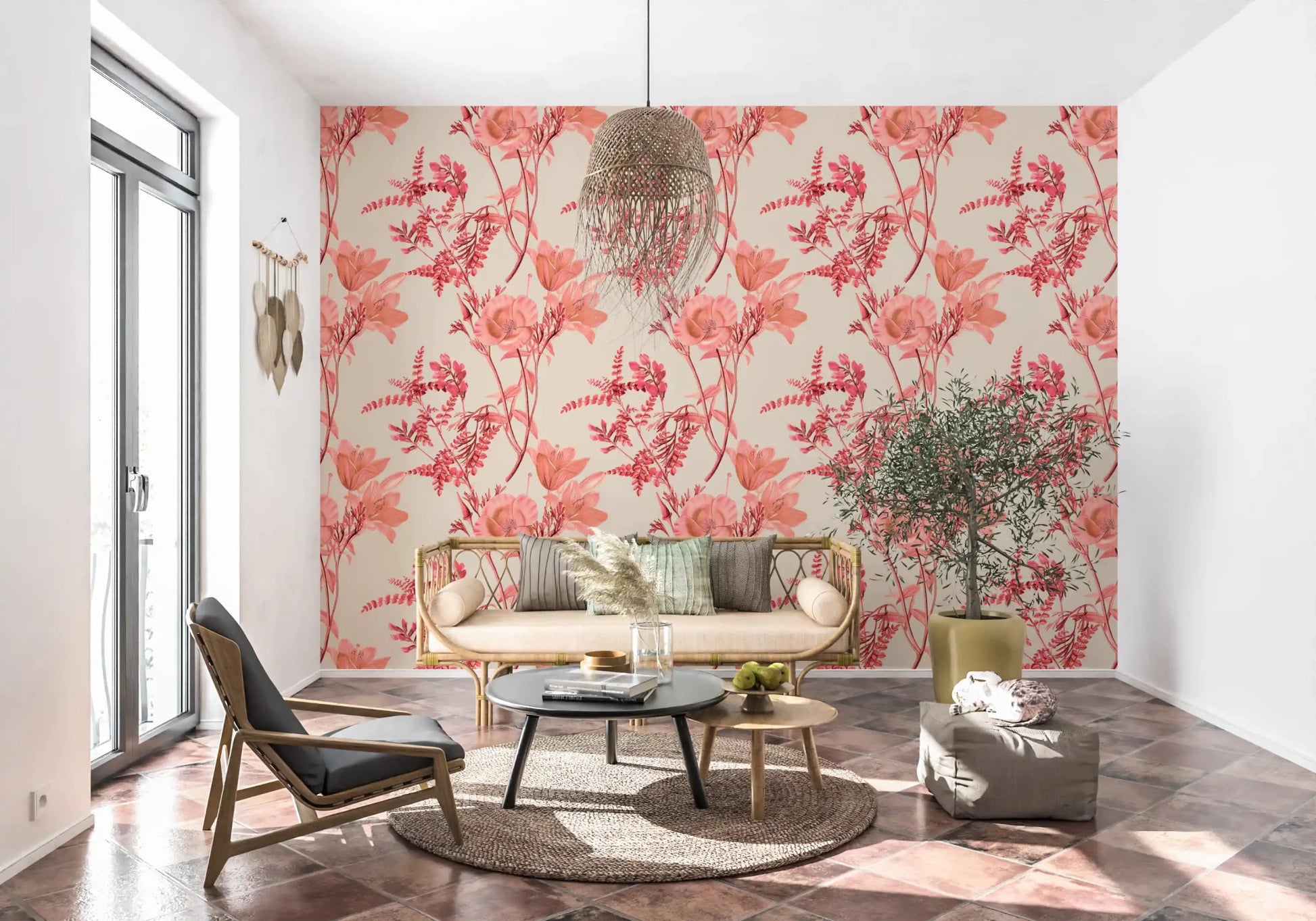 Office corner using Coral Bloom Wallpaper with pale floral sketch