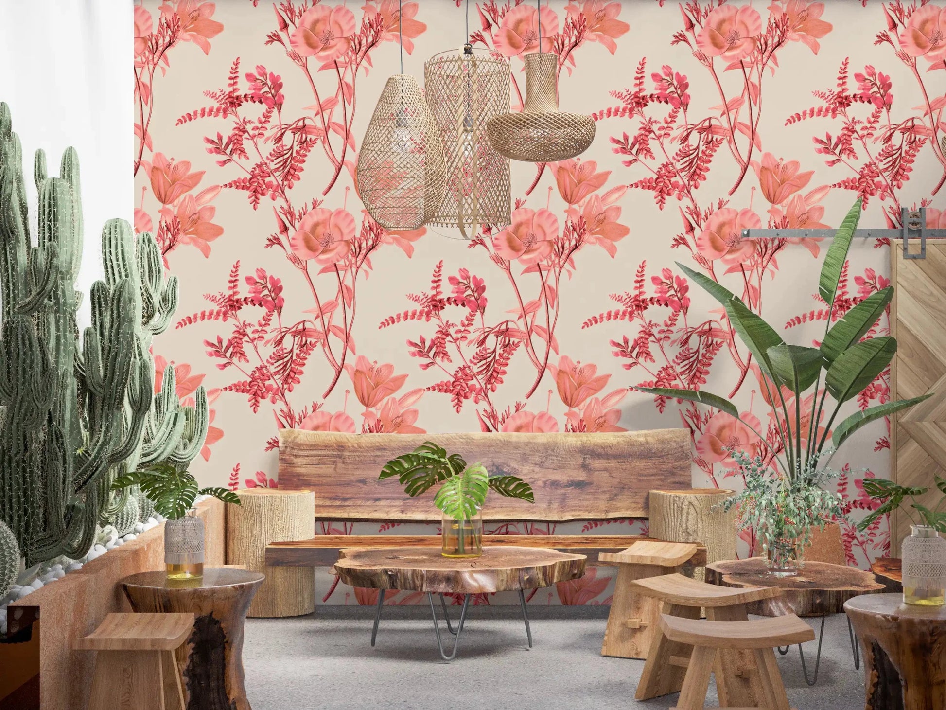 Pale background wall in Botanical Coral Bloom Wallpaper style