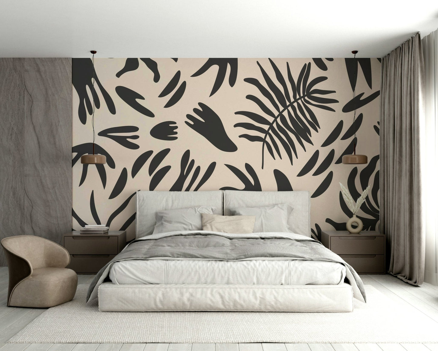 A peaceful botanical cutout mural on decorative wallpaper., GD5103