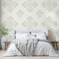 Bedroom decorated with botanical damask wallpaper

