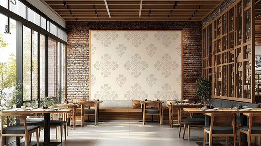 Botanical Damask wallpaper on living room wall

