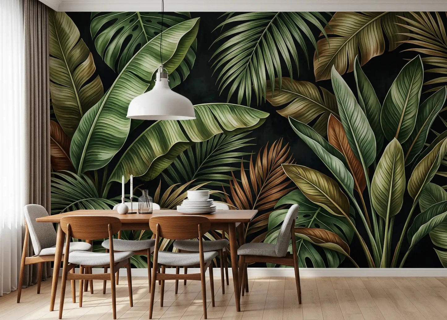 Dining room wall with Botanical Design wall mural jungle leaves, GD9419