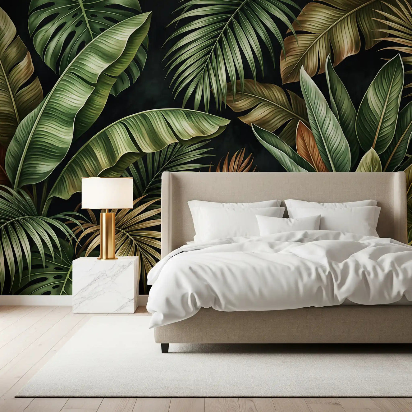 Bedroom styled with Botanical Design wall mural green foliage