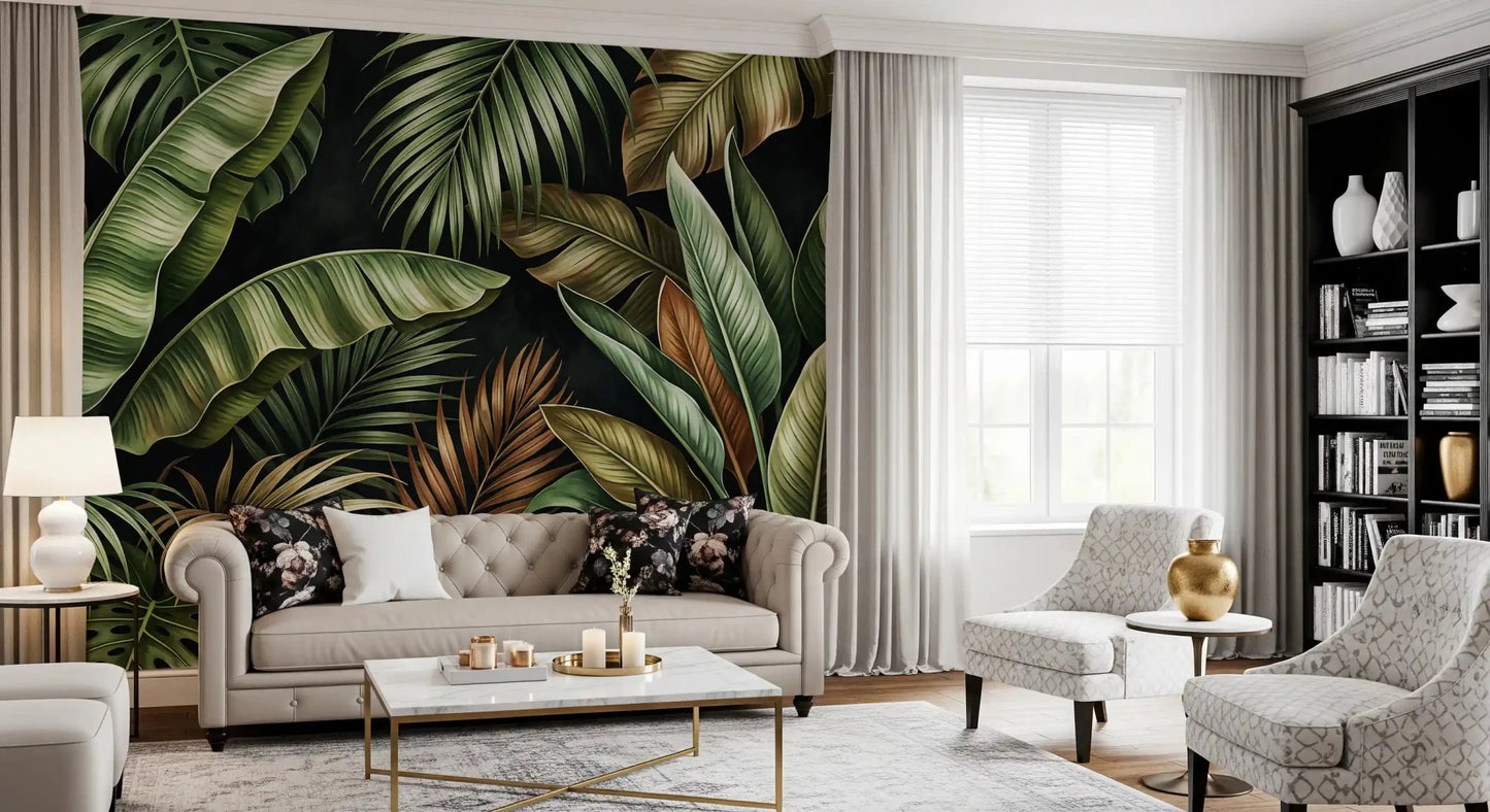 Botanical Design wall mural with tropical leaves and green tones, GD9419