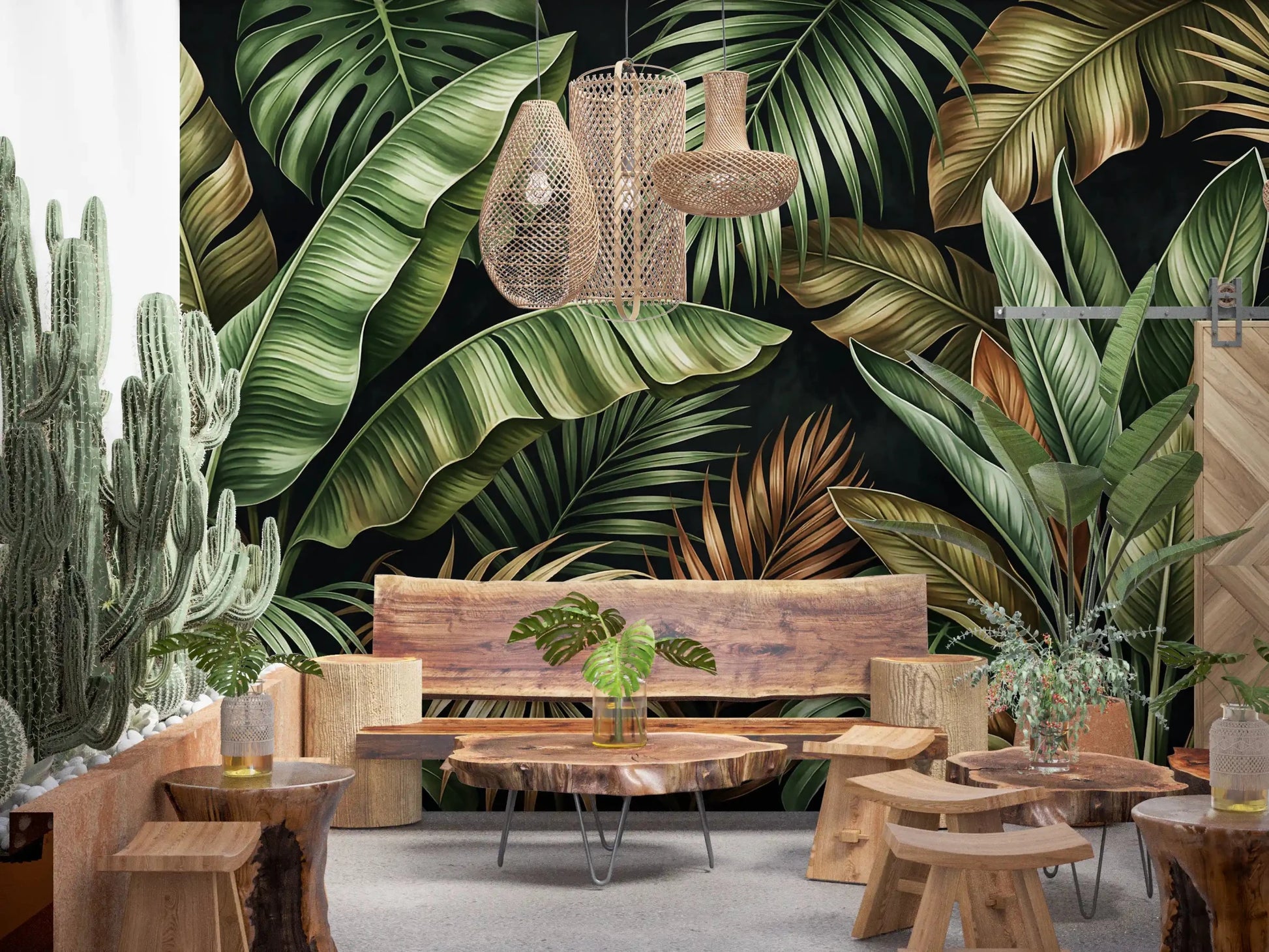 Botanical Design wall mural showing layered jungle leaves, GD9419