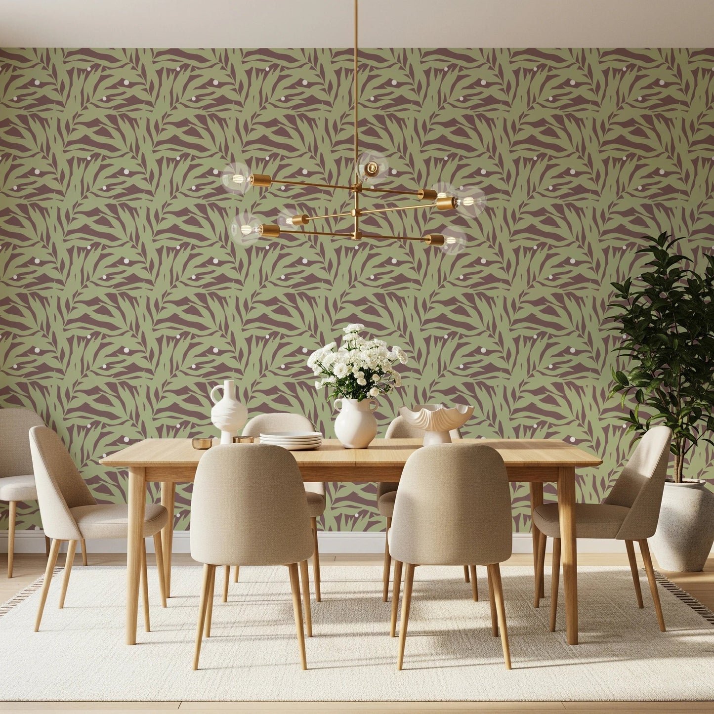 Botanical Echo wallpaper with scattered leaves across a muted earthy base