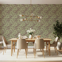 Botanical Echo wallpaper with scattered leaves across a muted earthy base