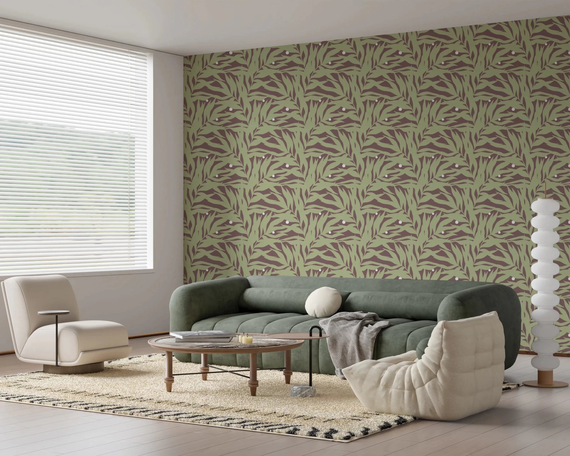 A hallway wall covered in Botanical Echo Scattered Leaves Wallpaper