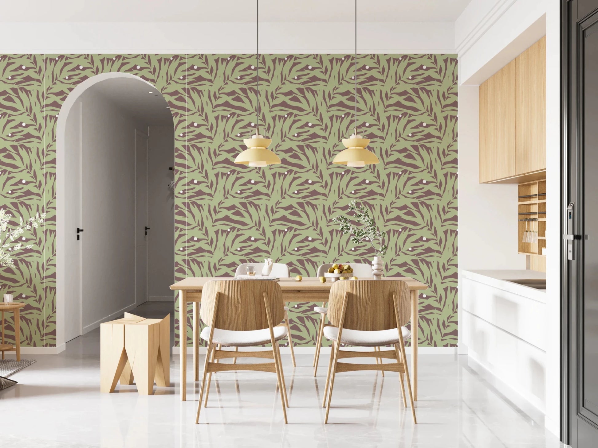 Soft green foliage layered over mauve in this scattered leaves wallpaper