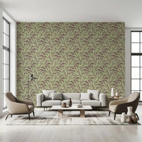 Muted botanical wallpaper showing broad leafy forms in a repeating layout