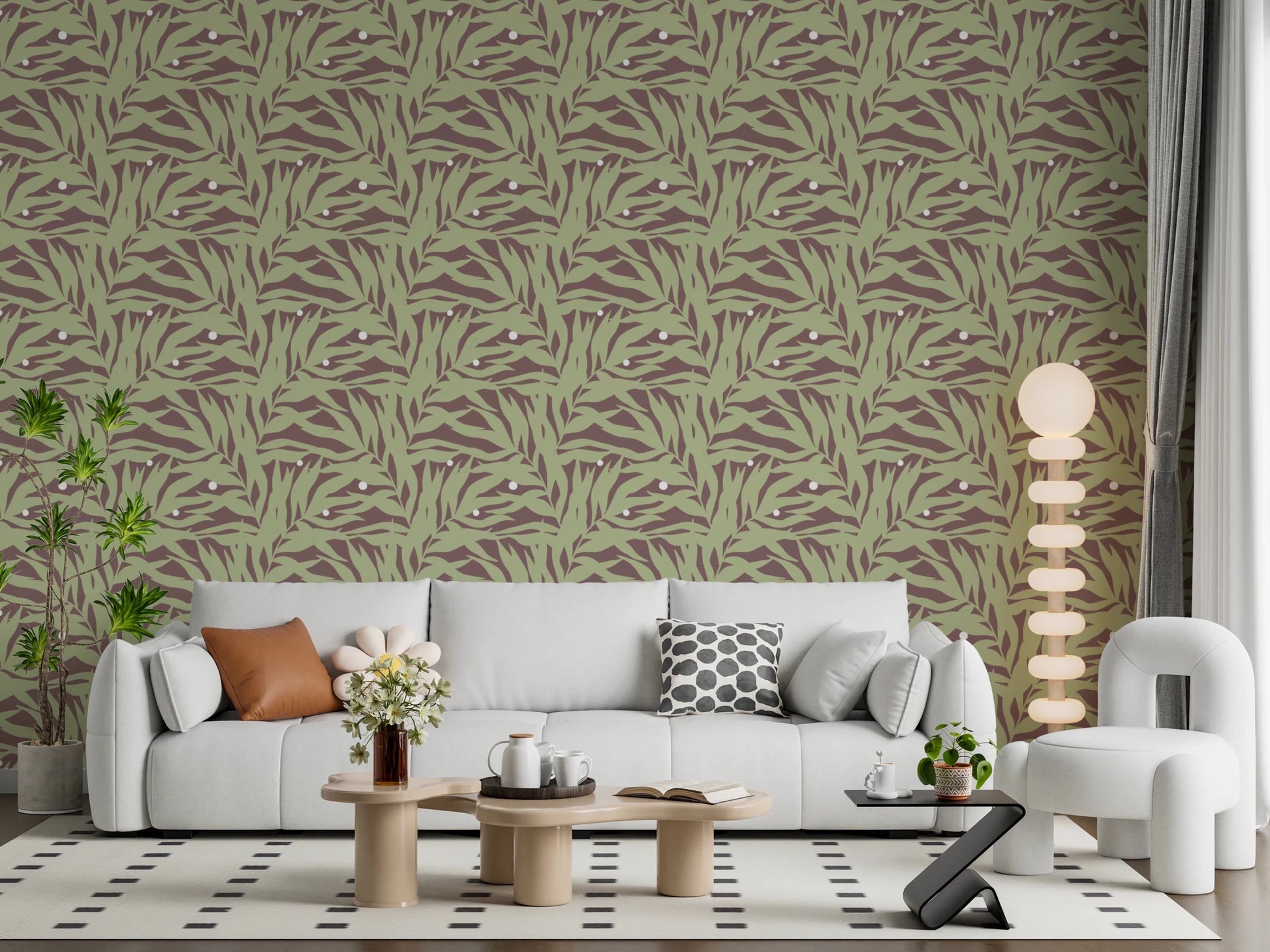 Botanical Echo Scattered Leaves Wallpaper used in a modern home office