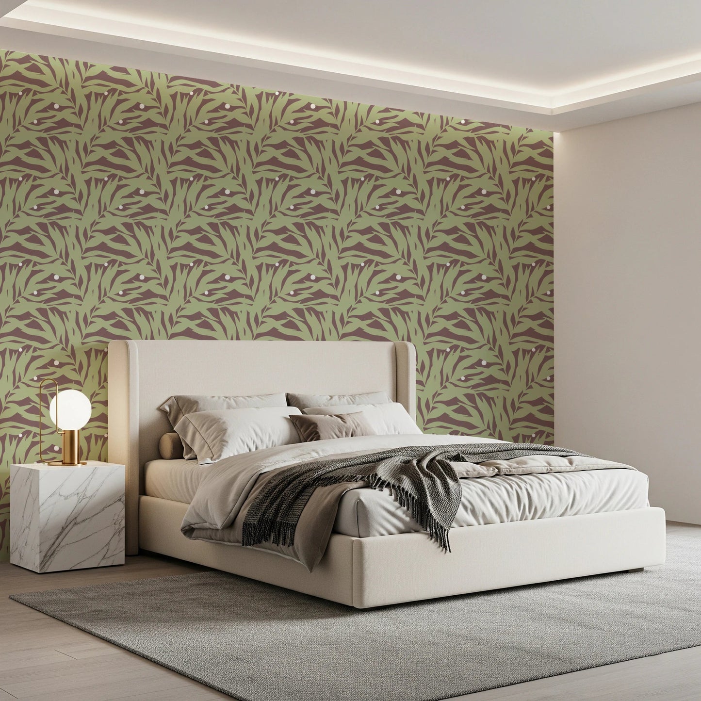 Bedroom interior finished with Botanical Echo Scattered Leaves Wallpaper