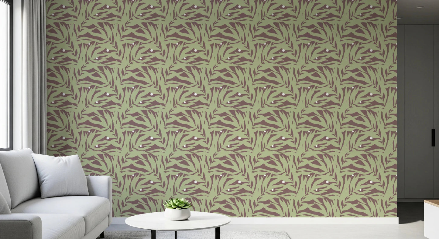 Botanical Echo Scattered Leaves Wallpaper in a calm living room setting