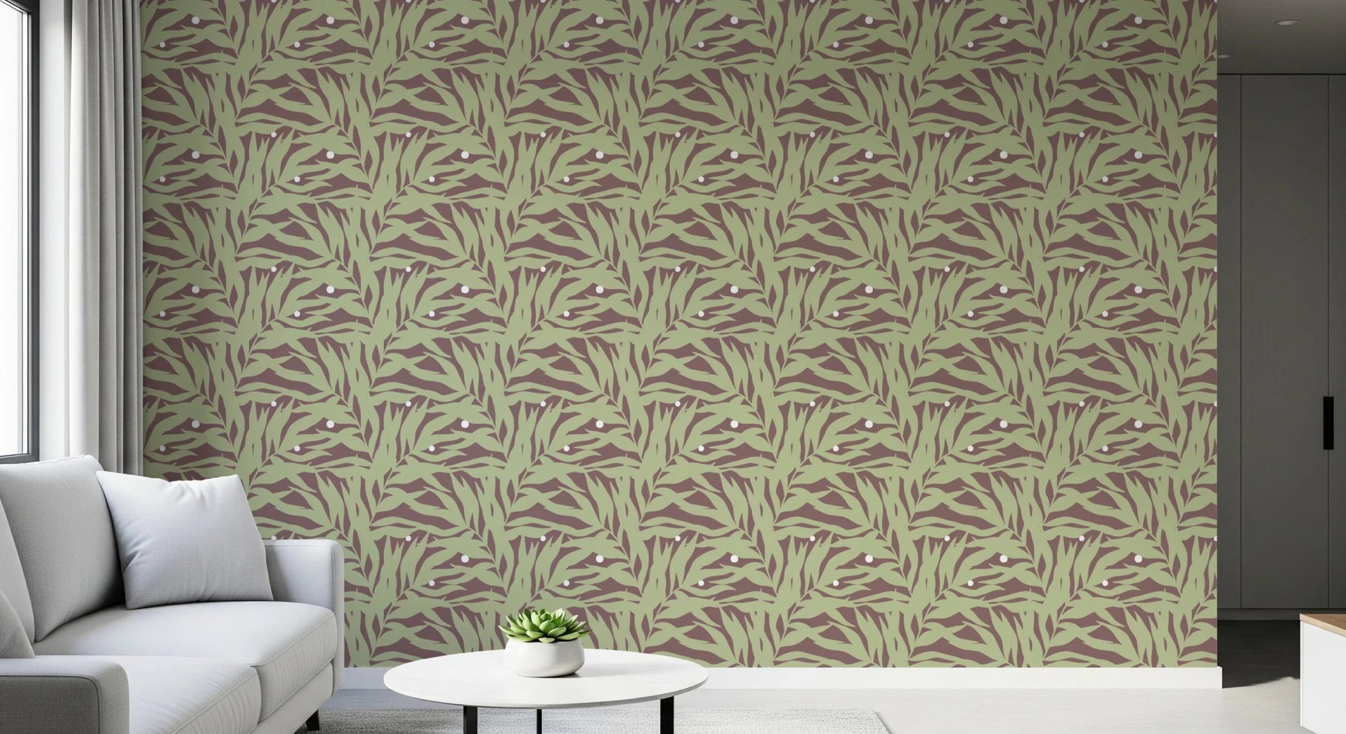Botanical Echo Scattered Leaves Wallpaper in a calm living room setting
