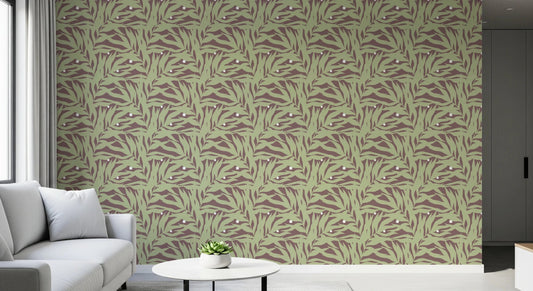 Botanical Echo Scattered Leaves Wallpaper in a calm living room setting
