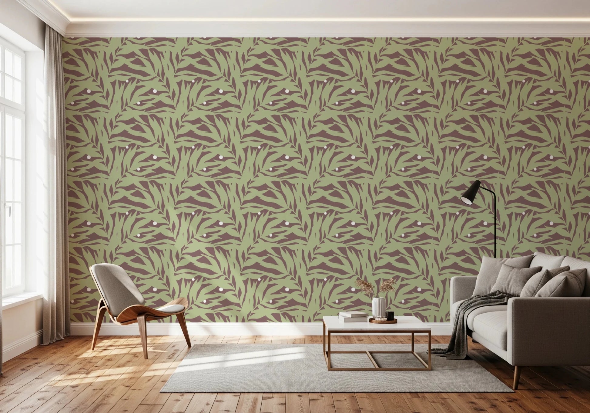 Earthy leaf wallpaper blending soft green shapes with subtle pale details