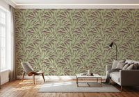 Earthy leaf wallpaper blending soft green shapes with subtle pale details