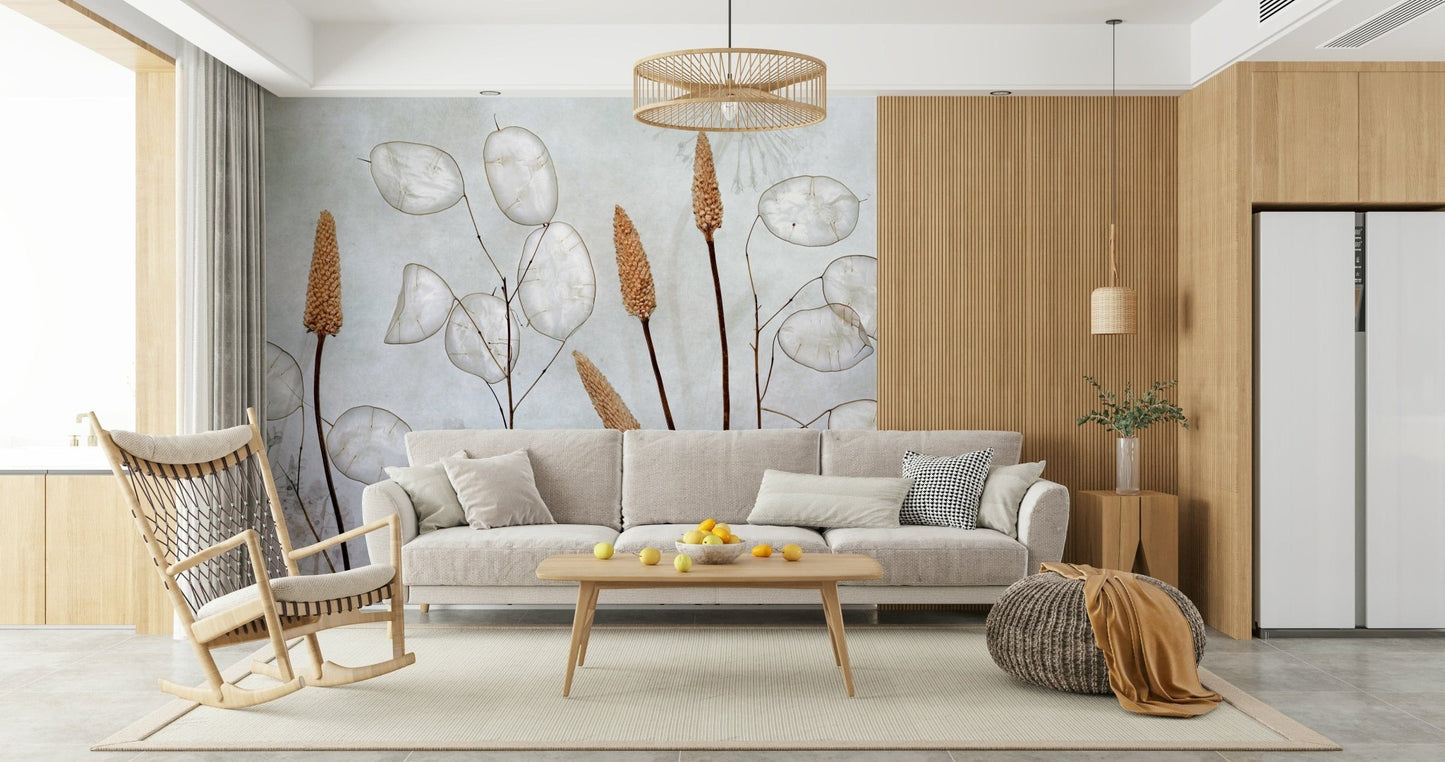 A beautiful subtle floral wallpaper mural with repeating botanical forms., GD5262