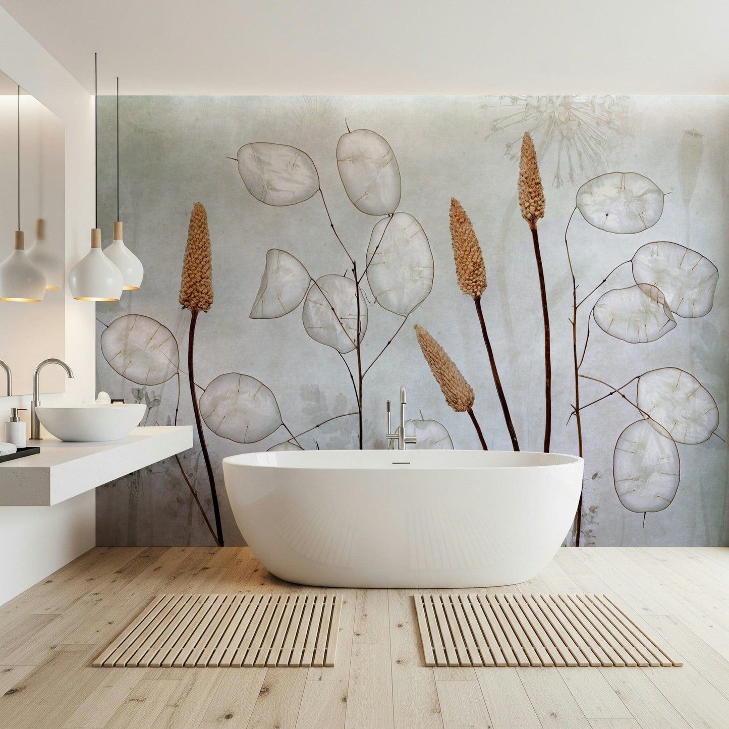 A graceful subtle leaf wall mural in cool, natural tones., GD5262