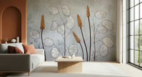 An artistic soft focus foliage mural on minimalist wallpaper., GD5262