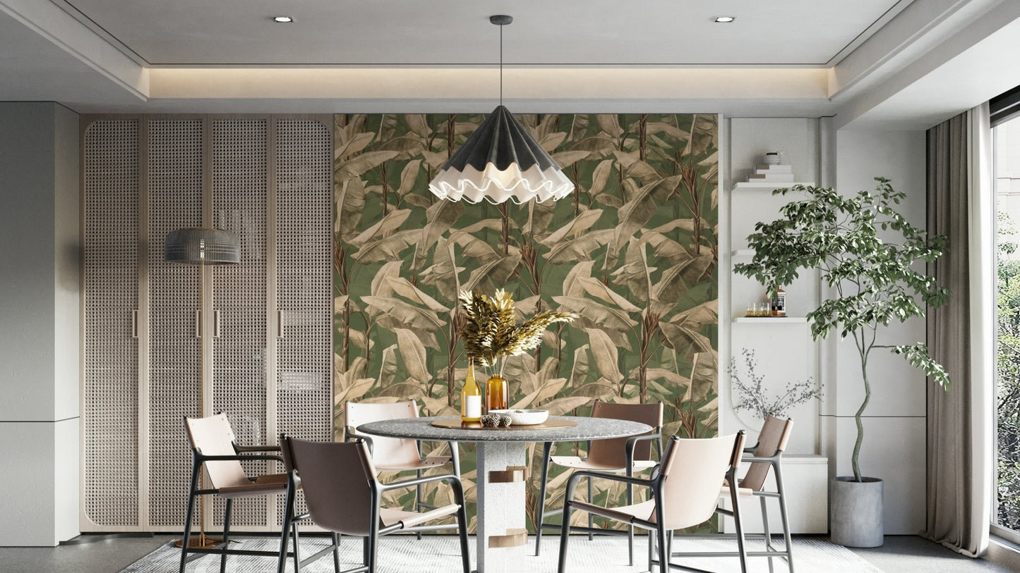 Relaxing green botanical wallpaper for calming interiors

