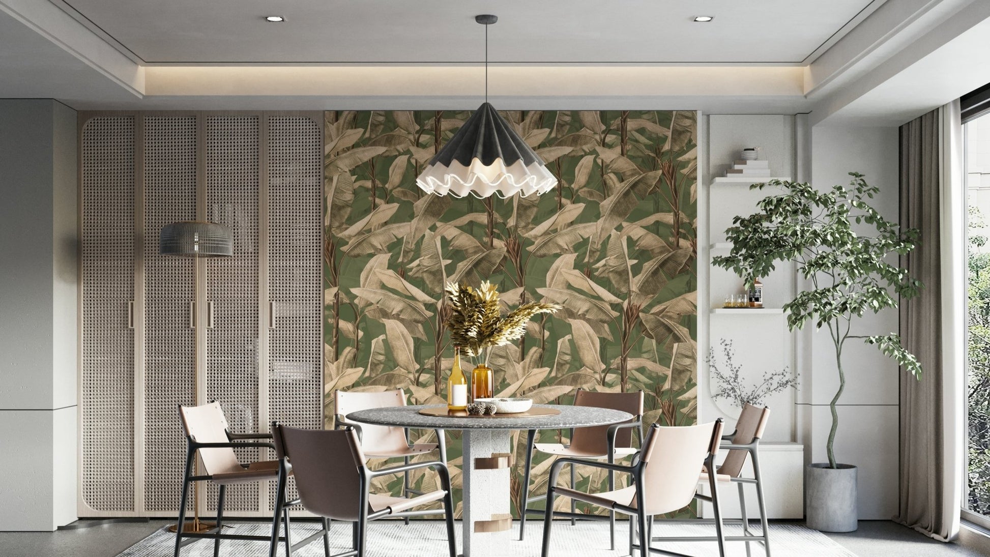 Relaxing green botanical wallpaper for calming interiors

