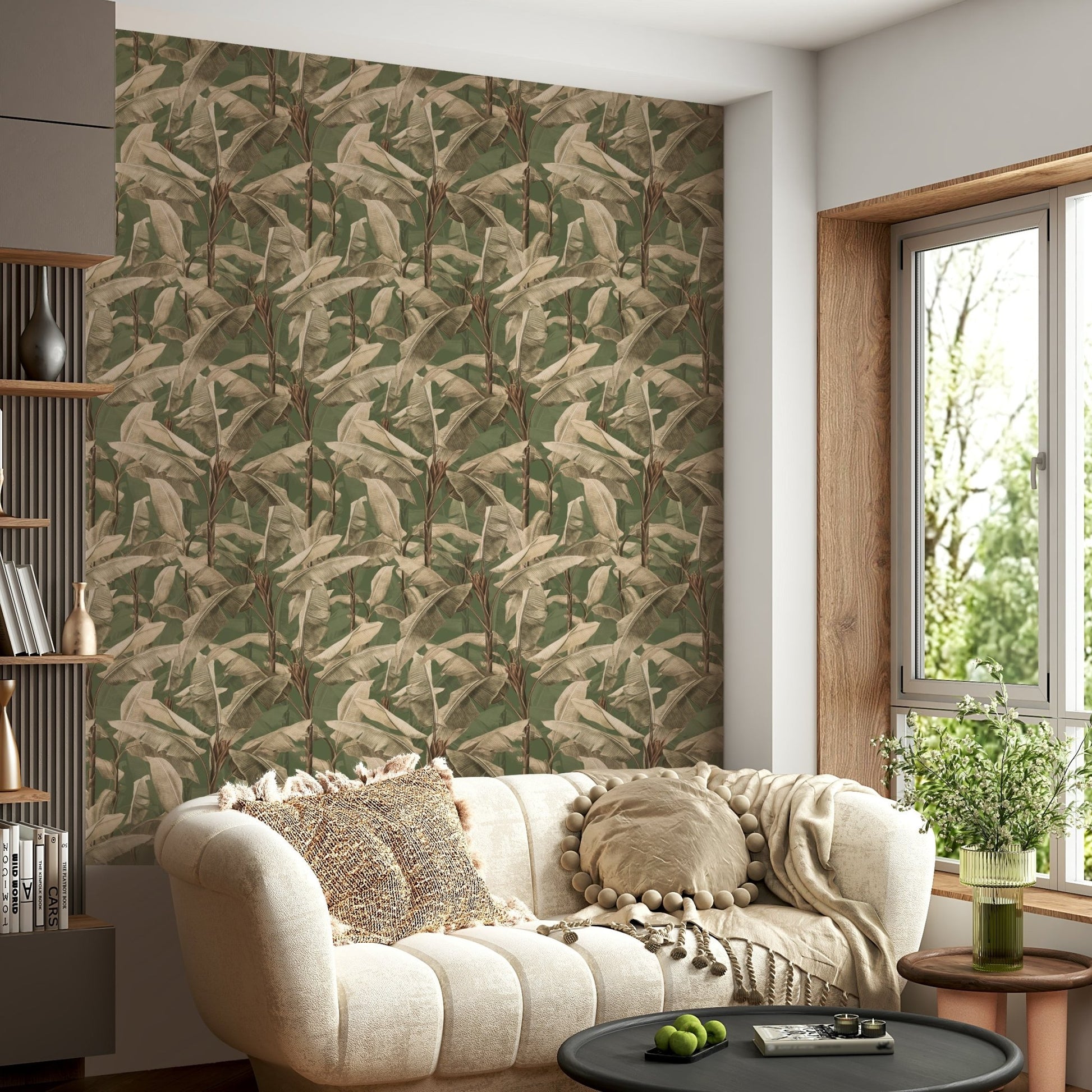 Vibrant green leaves in a Botanical Eden Wallpaper design


