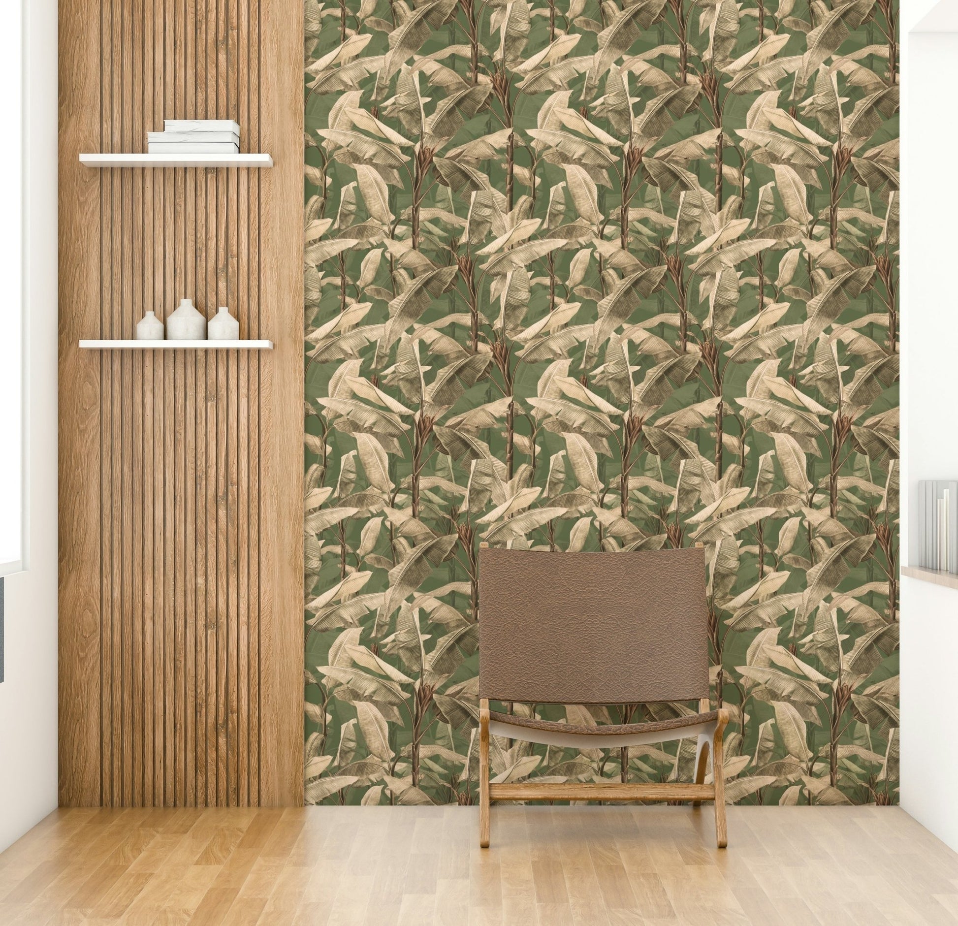 Tropical leaf accents in Botanical Eden wallpaper pattern

