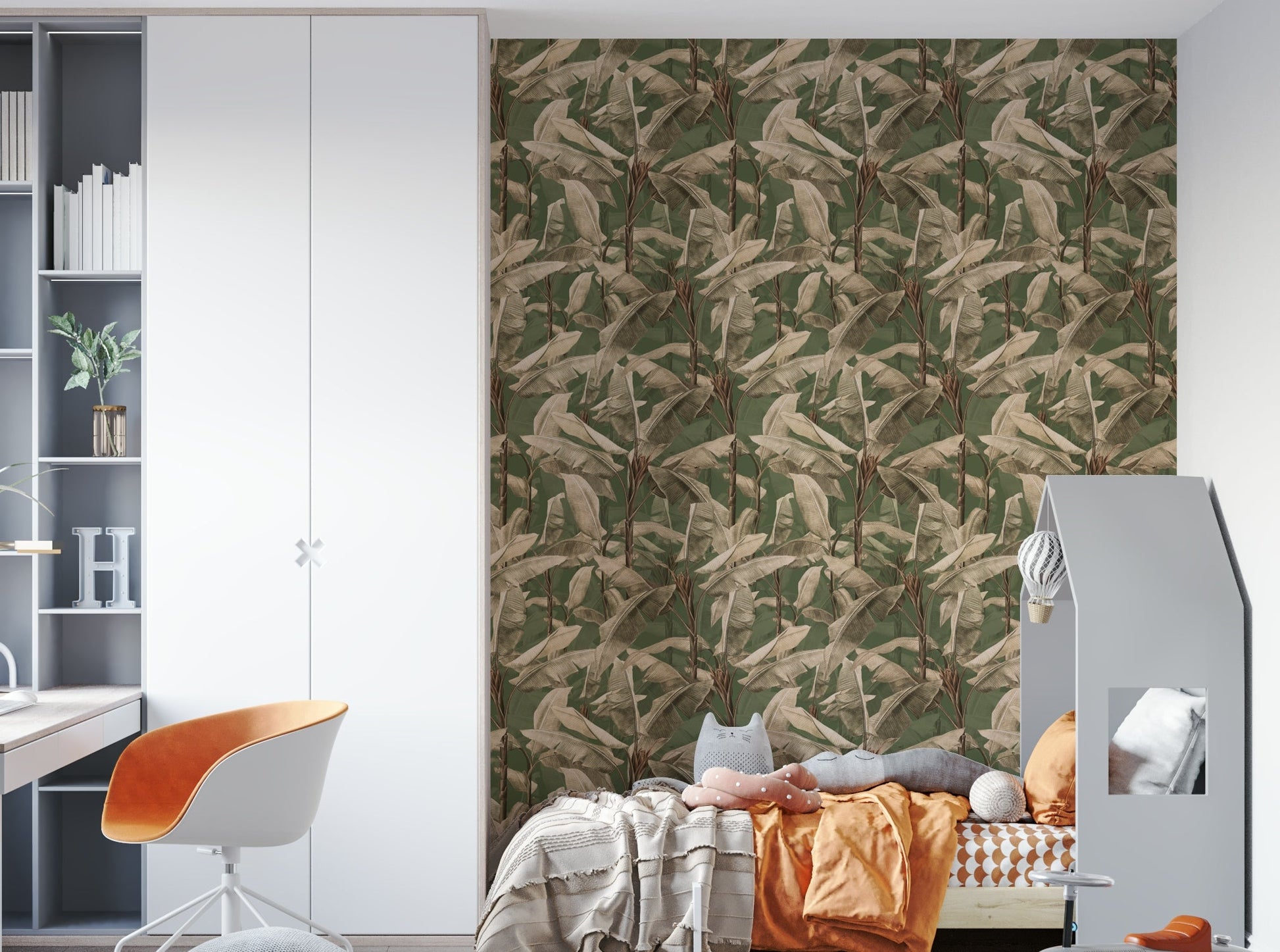 Close-up of lush botanical wallpaper with tropical plants

