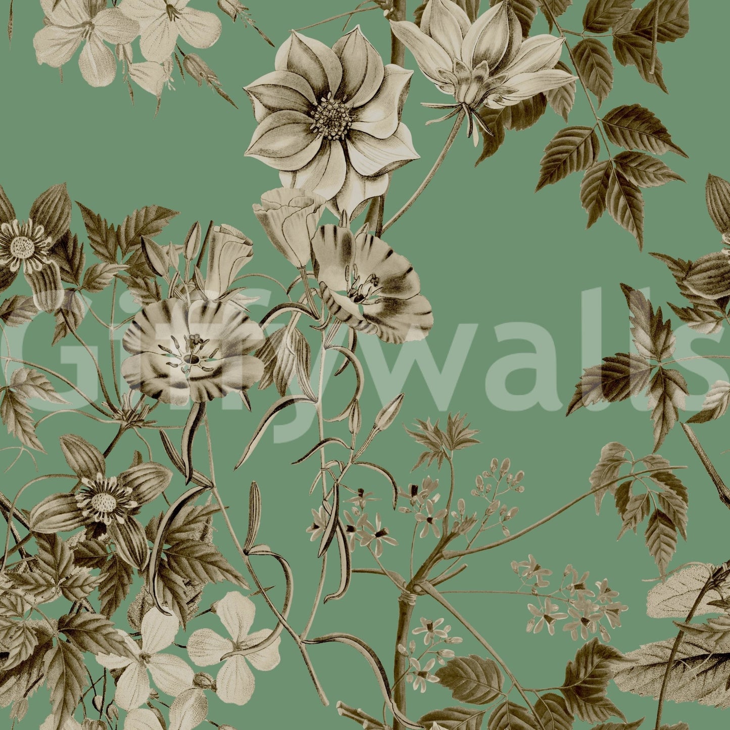 Vintage floral wallpaper in Sepia Jade shades with layered leaf motifs