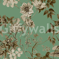 Vintage floral wallpaper in Sepia Jade shades with layered leaf motifs