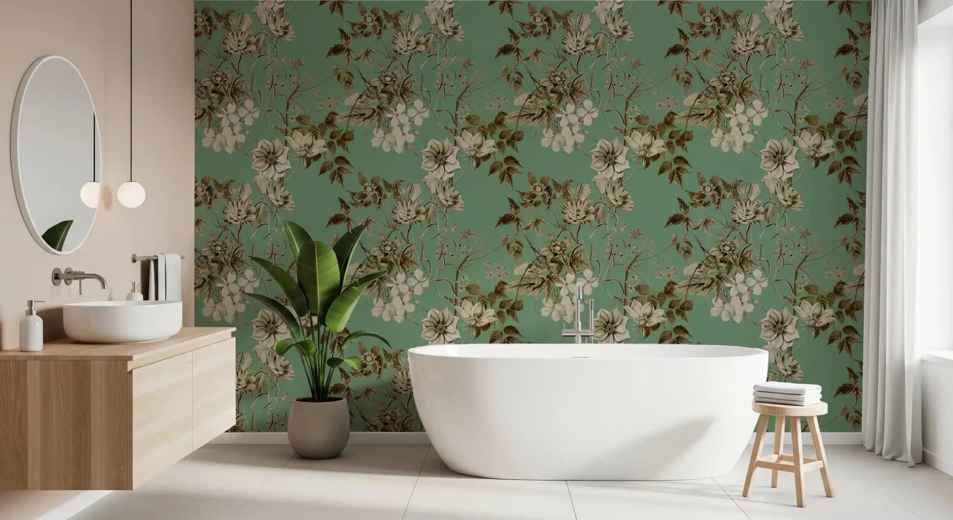 Bathroom styled in Sepia Jade wallpaper with vintage botanical flowers