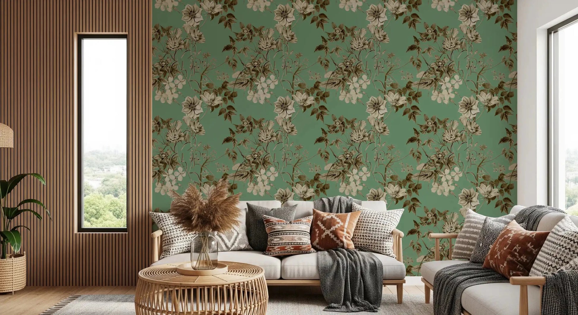 Hallway featuring Botanical Elegance wallpaper and soft sepia leaf detailing