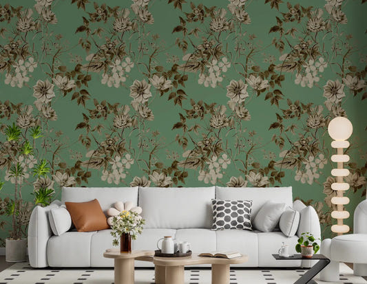 Living room with Botanical Elegance wallpaper in sepia floral and jade tones