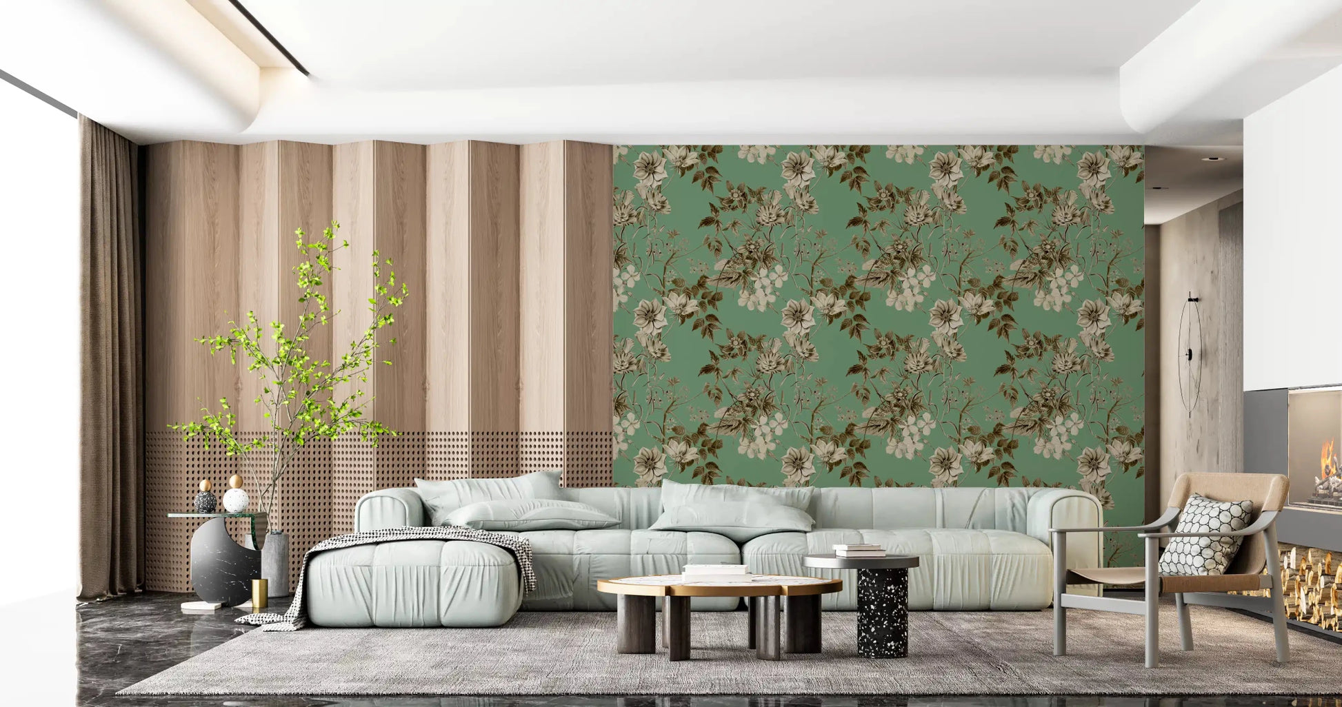 Sepia Jade wallpaper with vintage botanical flowers and fine leaf linework