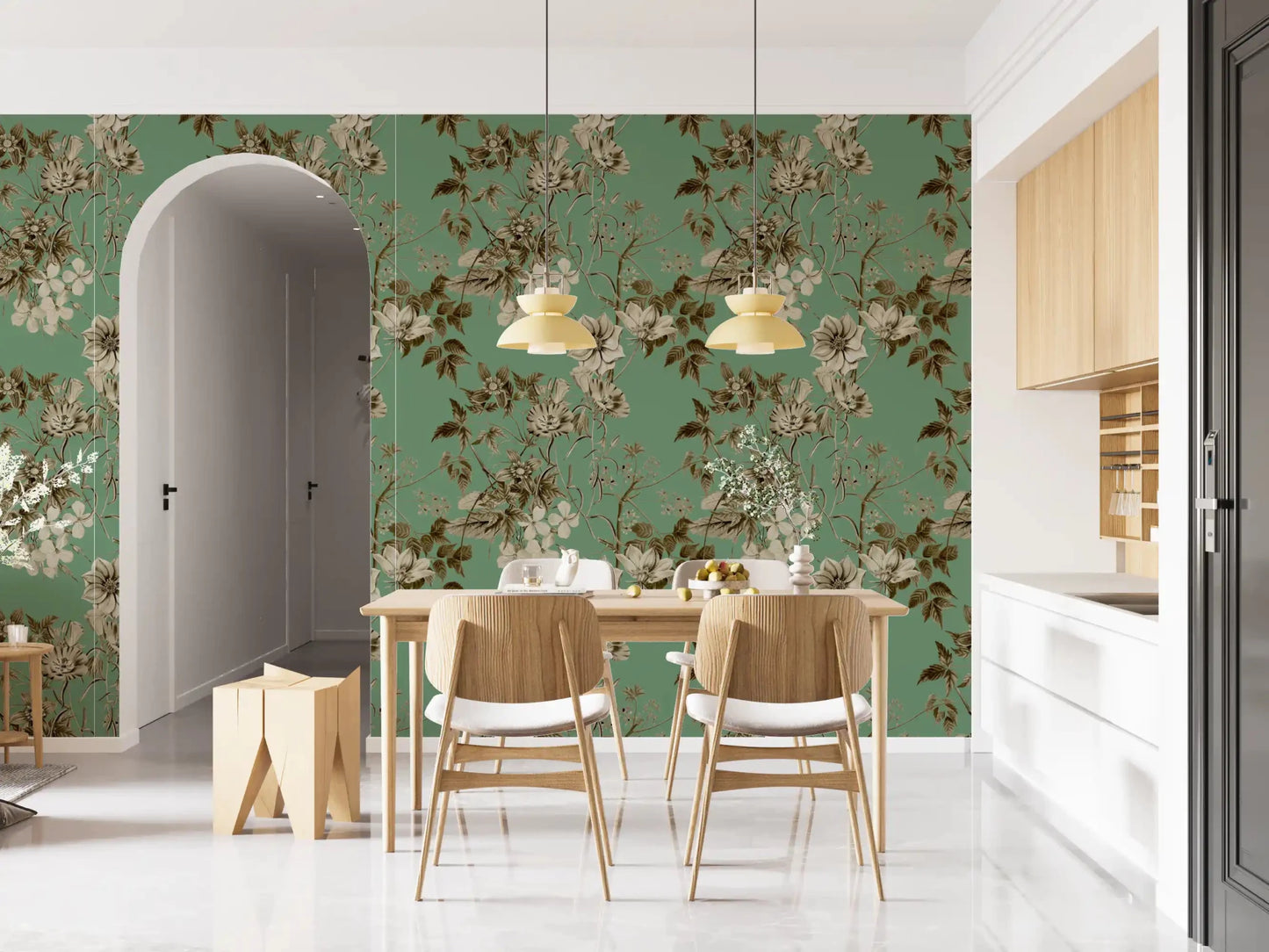 Dining area wall with Jade Tones wallpaper in classic floral sketch style